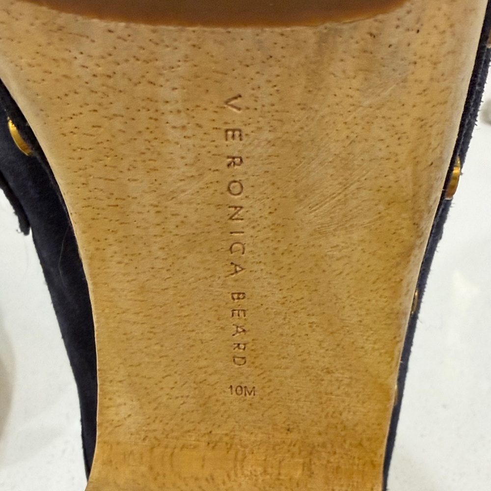 Veronica Beard Navy Suede Mules with Gold Accents - Picture 11 of 11
